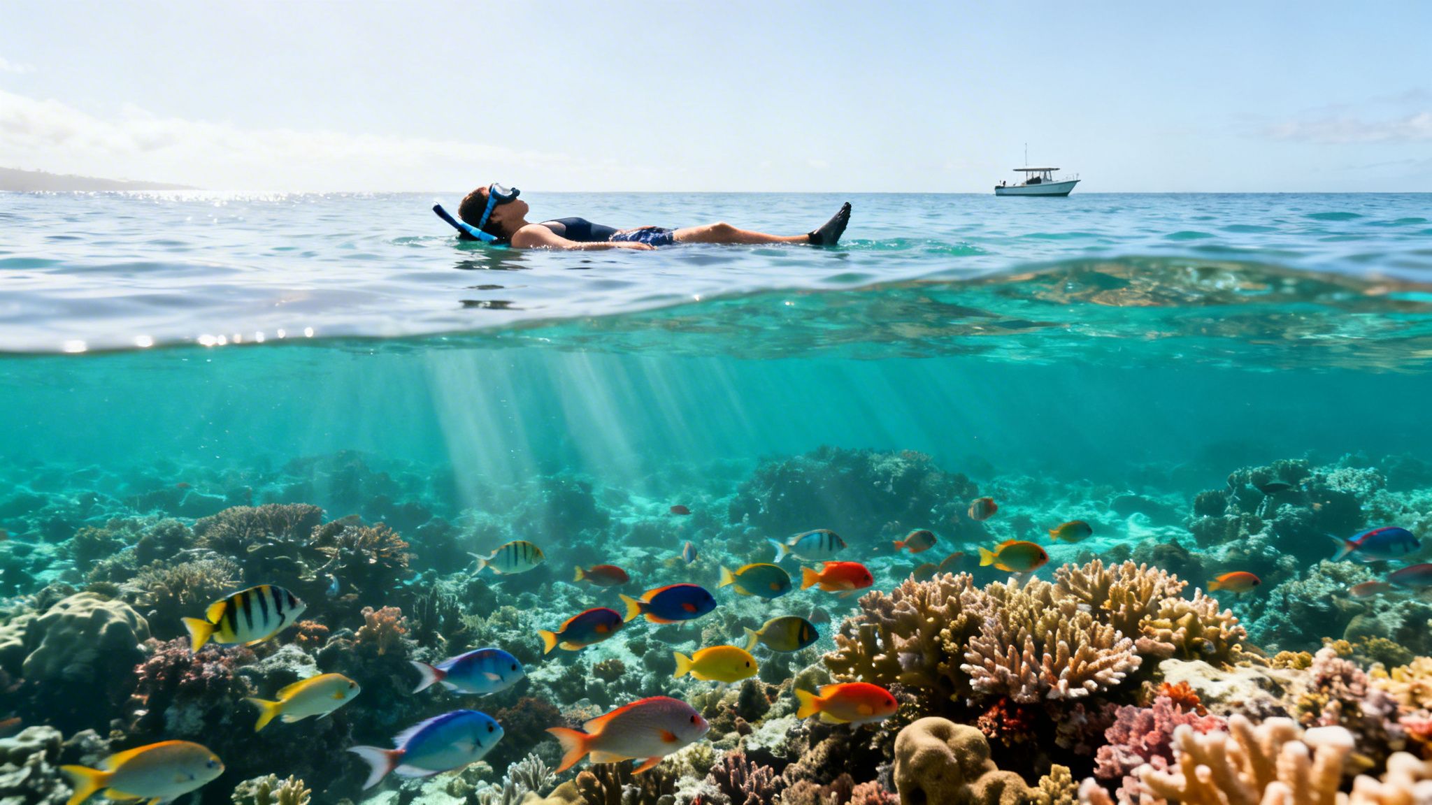 Split view of a person snorkeling above a vibrant coral reef filled with colorful fish.