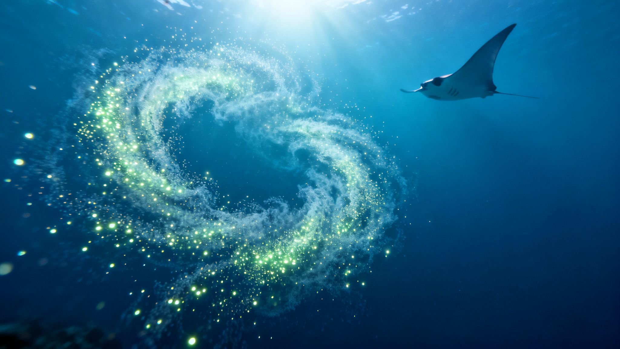 A majestic manta ray swims gracefully past a mesmerizing spiral of bioluminescent light underwater.