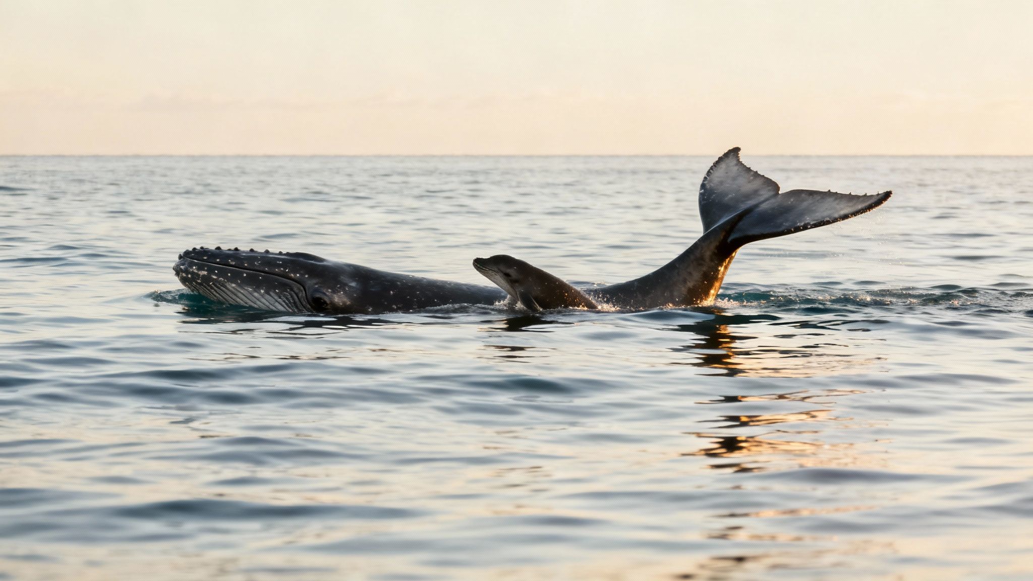 A majestic humpback whale and its calf swimming gracefully in the clear blue waters of Hawaii.