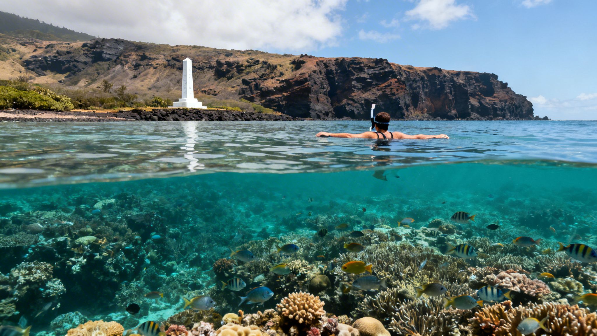 Snorkeler above a colorful coral reef with fish, split view of ocean and Captain Cook monument.