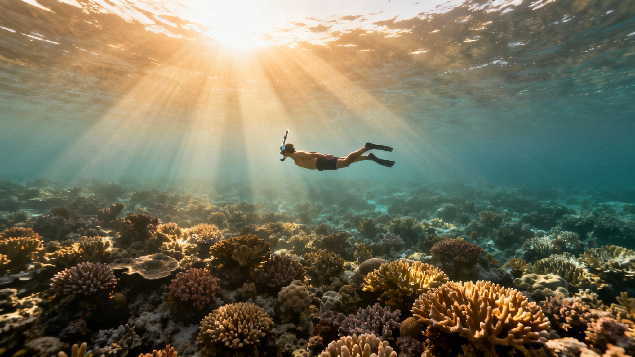 A man snorkels over a vibrant coral reef with sunbeams piercing through the clear blue water.