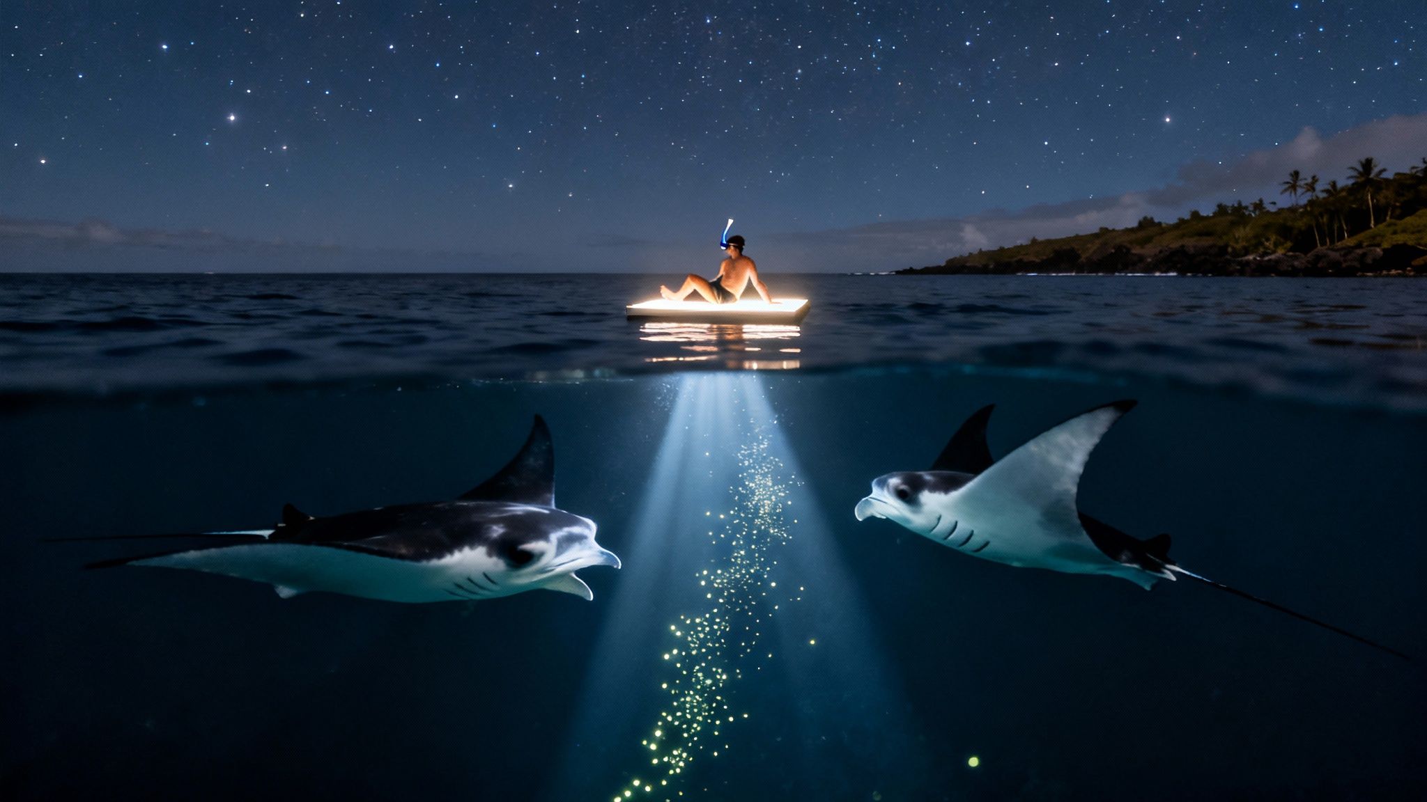 A manta ray glides gracefully through the water at night, illuminated by snorkelers&#39; lights.