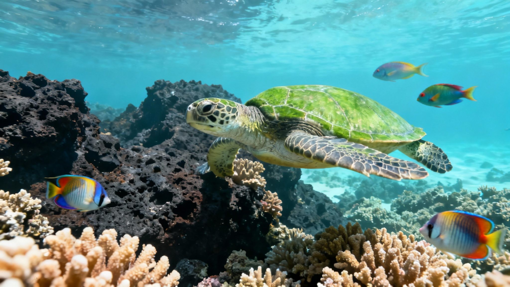 A vibrant green sea turtle swims gracefully through clear blue water surrounded by colorful fish and coral reefs.