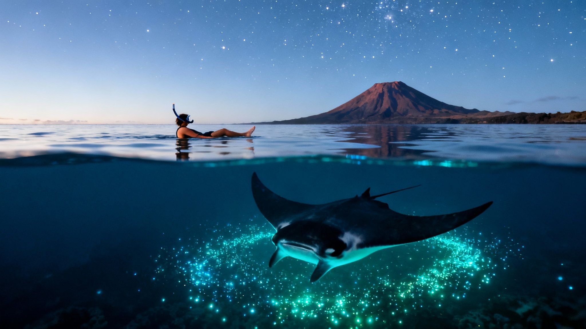 Manta rays feeding at night