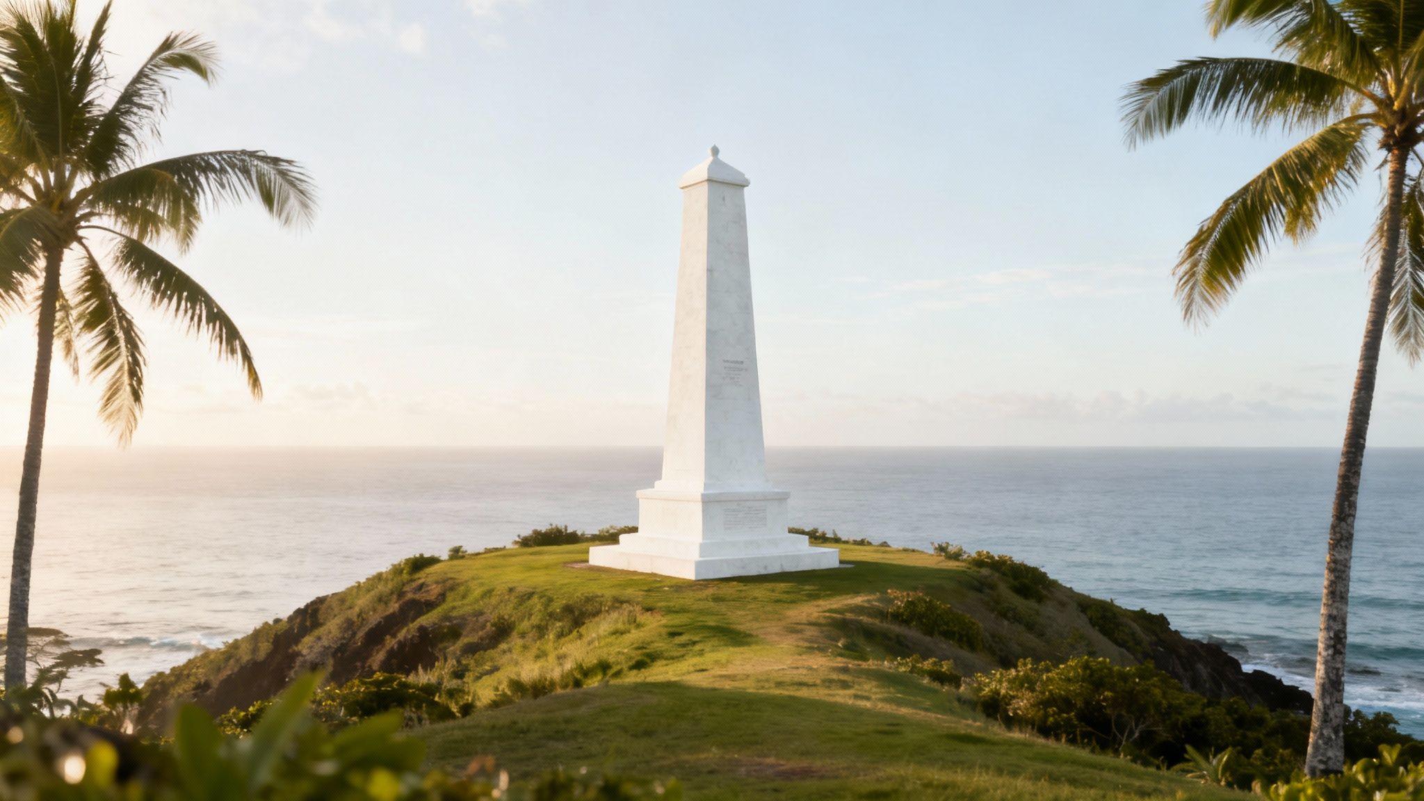 A boat approaches the Captain Cook Monument in Kealakekua Bay