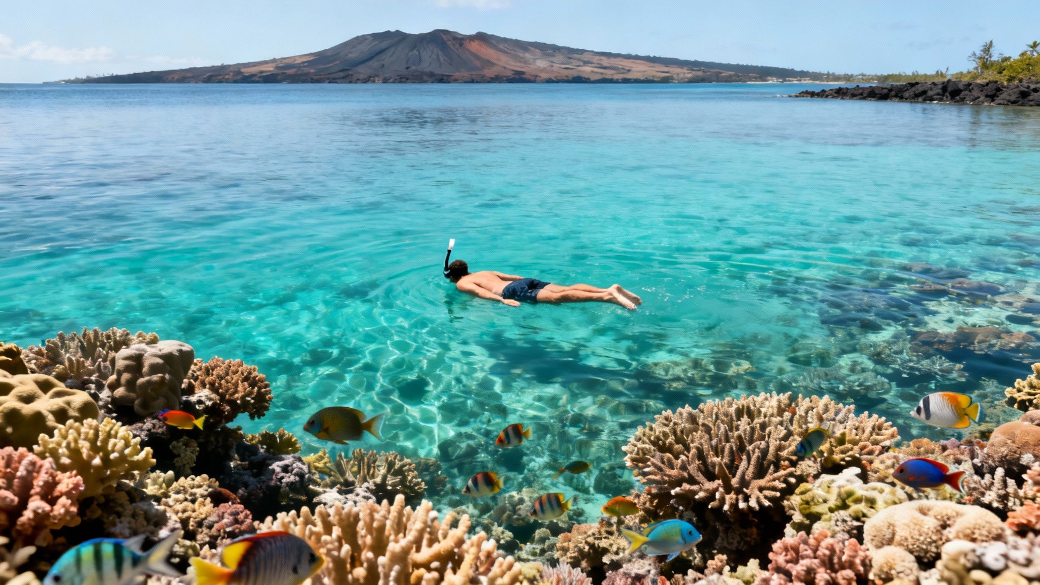 A snorkeler swimming over a vibrant coral reef in clear blue water on the Big Island.