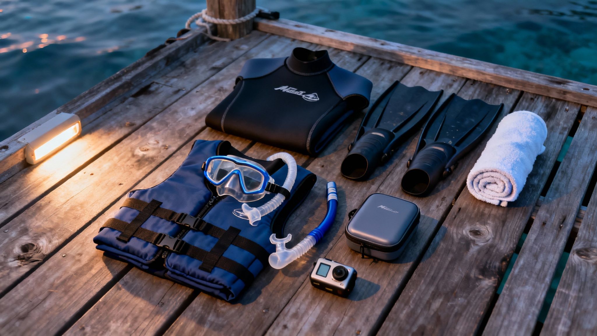 Snorkeling and diving gear, including a wetsuit, fins, mask, and camera, laid on a wooden pier by the ocean.
