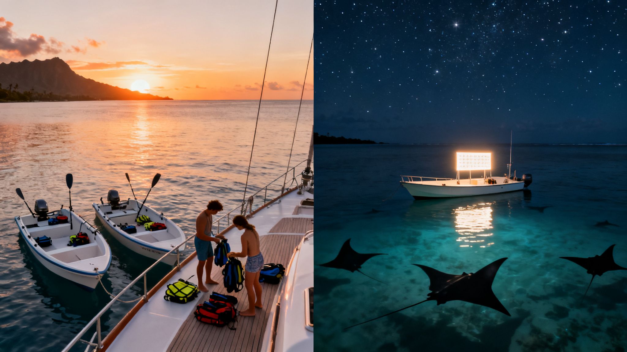 A diptych showing a sunset boat preparation and night viewing of manta rays under a starry sky.