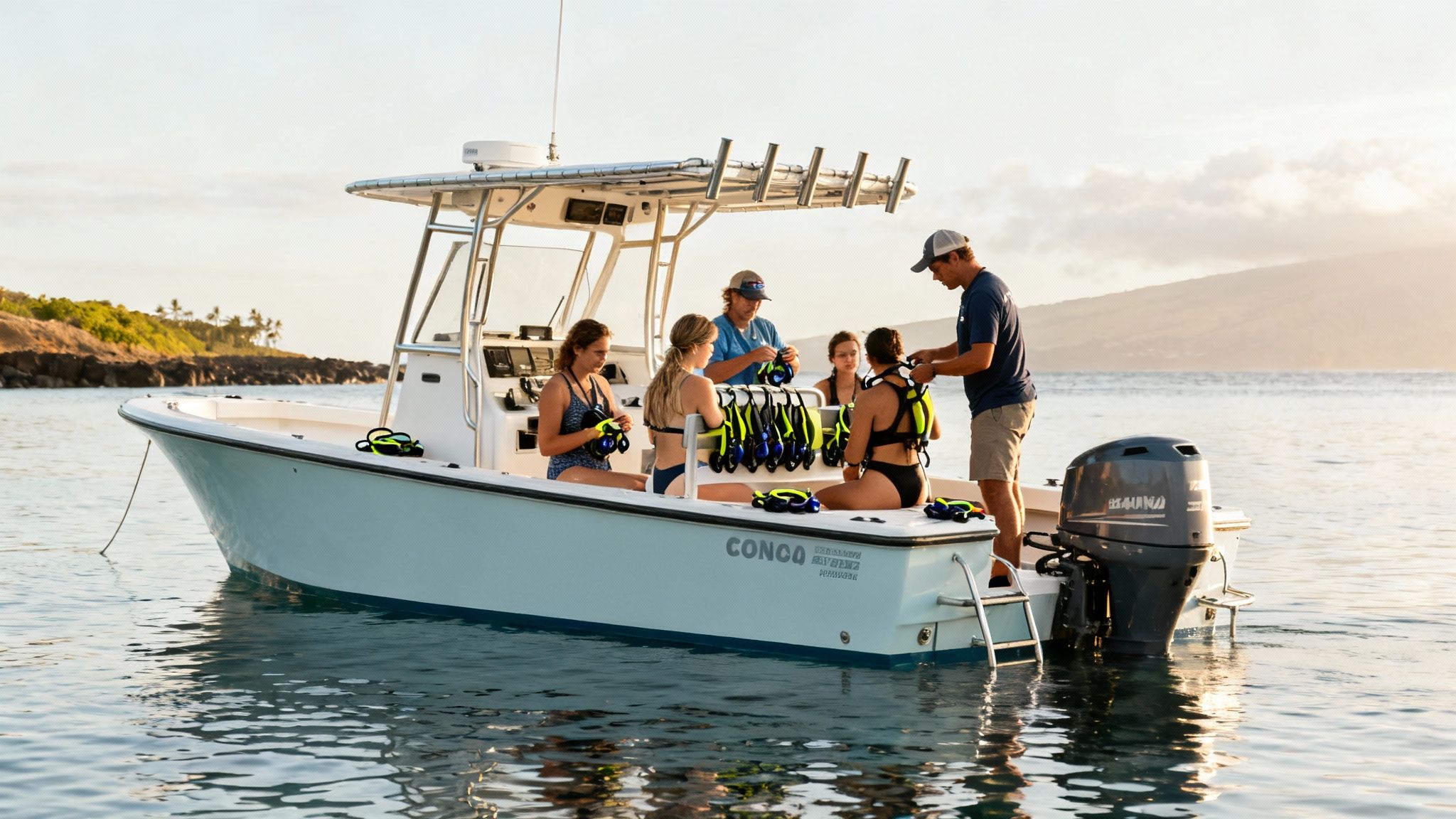A manta ray glides gracefully near snorkelers at night, illuminated by the lights from their float board.