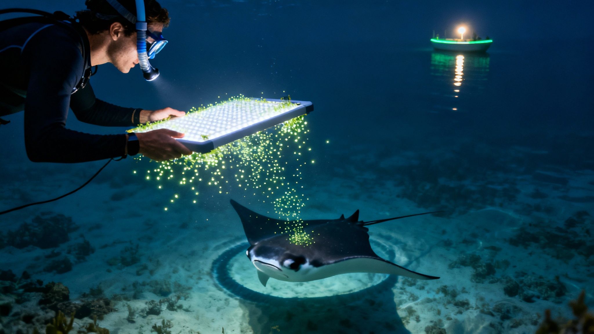 A diver with an illuminated plankton feeder attracts a manta ray during a night snorkel.