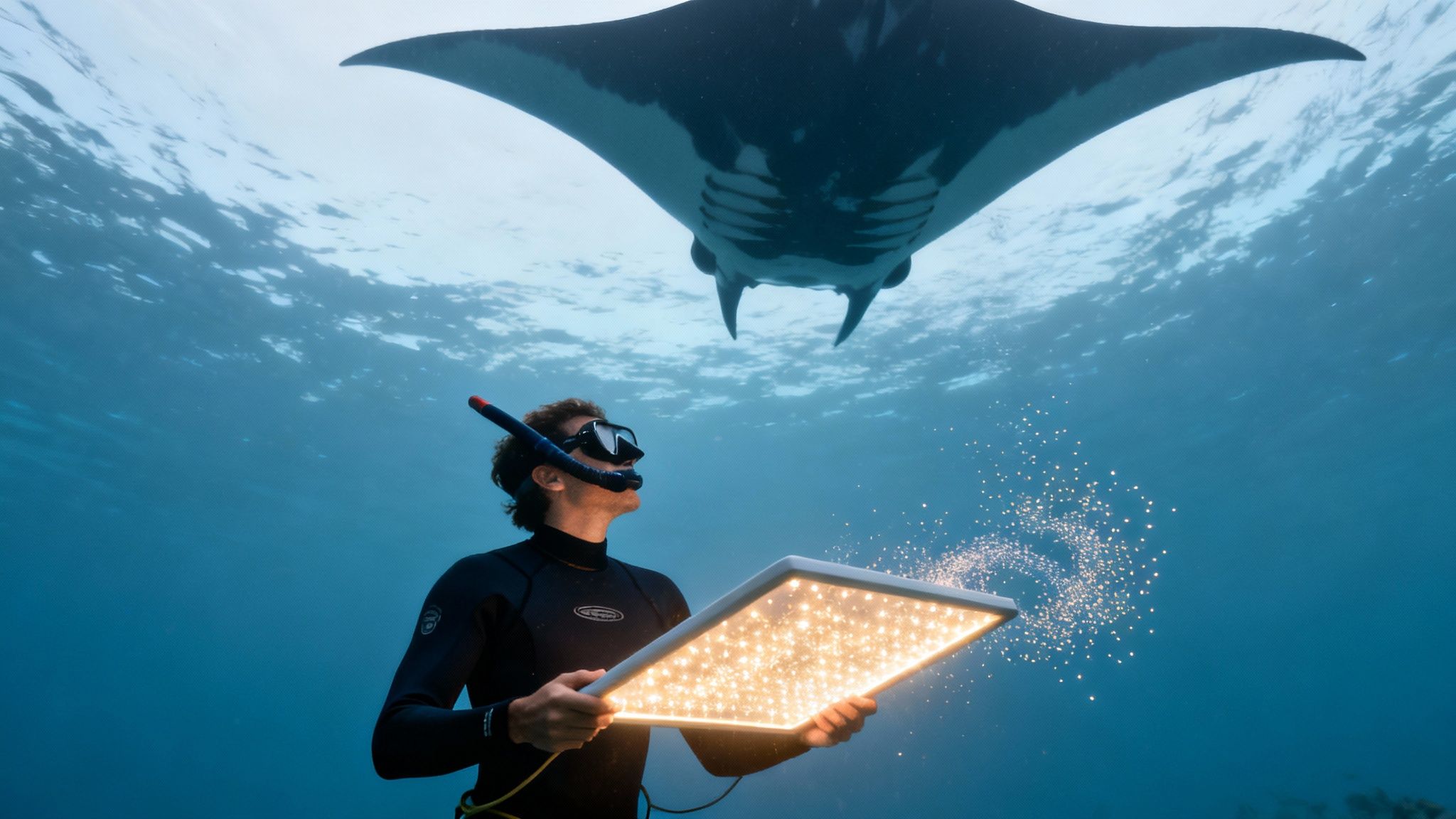 Underwater view of a snorkeler holding a glowing light panel, attracting a large manta ray.