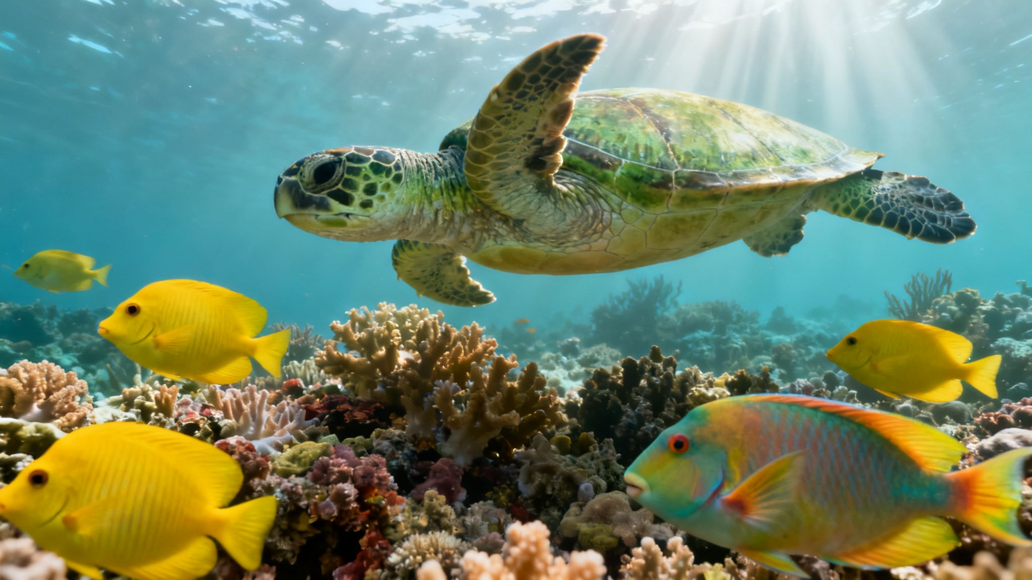An endangered green sea turtle glides over a vibrant coral reef with yellow tangs and a parrotfish.