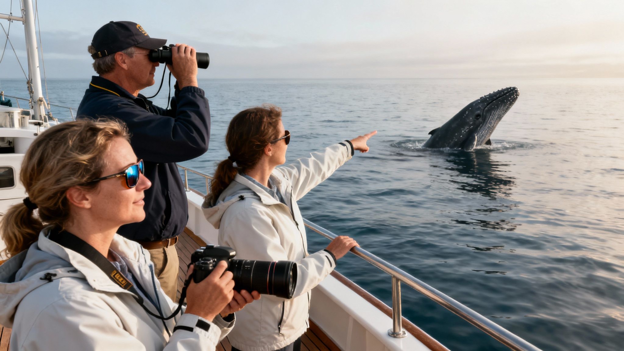 People on a boat whale watching, with one pointing and another looking through binoculars at a breaching whale.