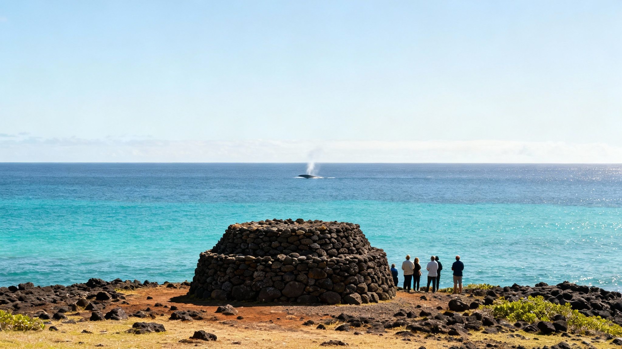 Humpback whale tail emerges from the water with the Big Island coastline in the background.