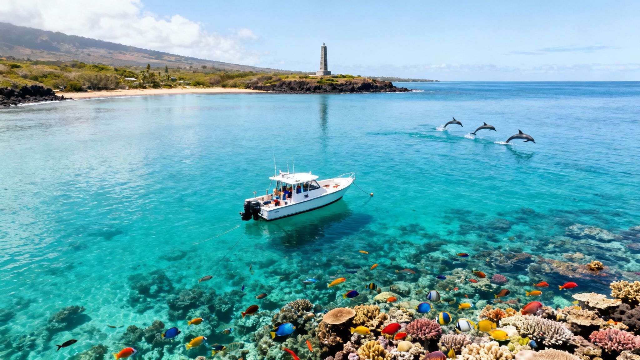 An aerial view of a boat near a colorful coral reef with fish, dolphins jumping, a lighthouse, and an island beach.