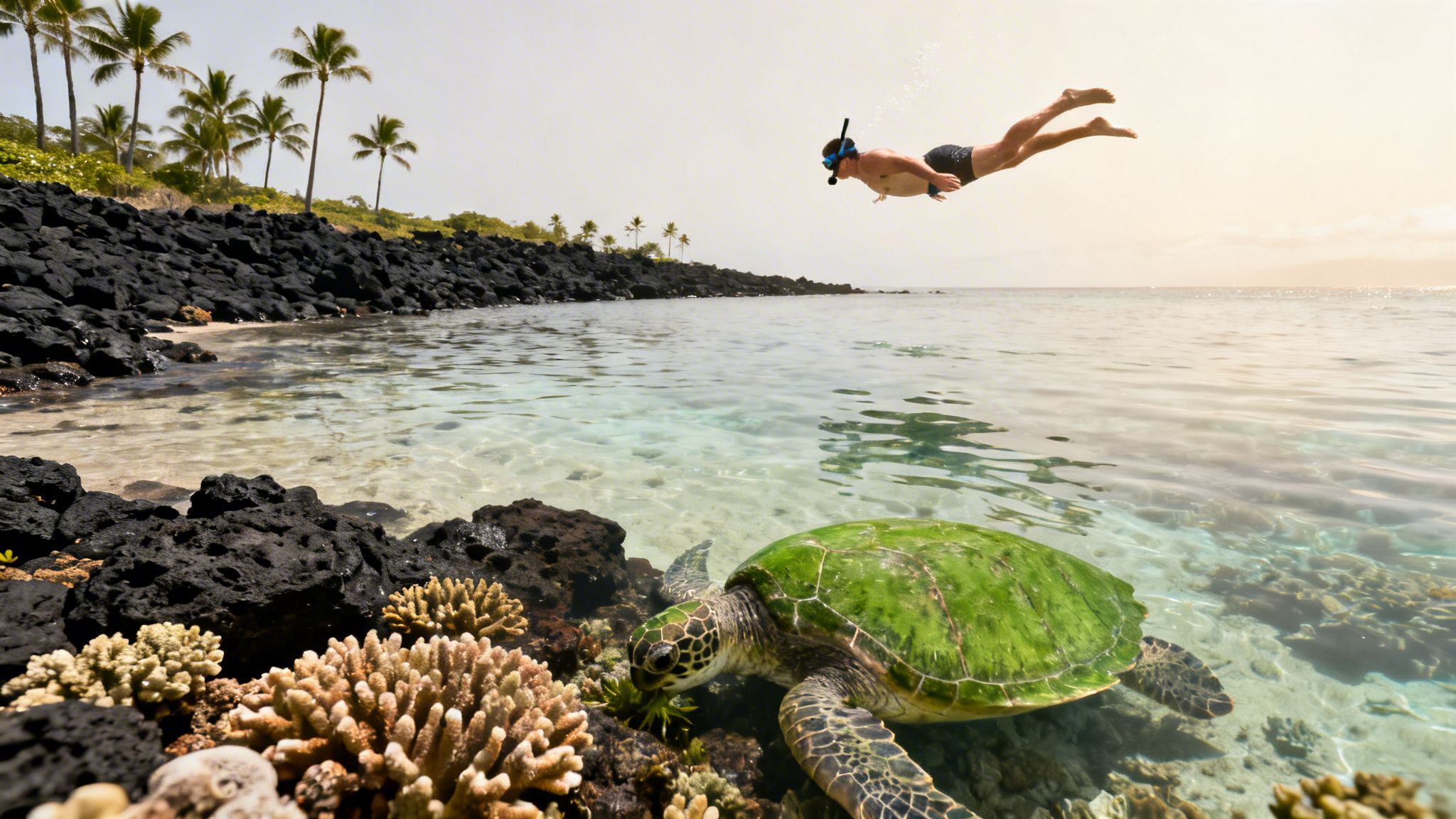 A person snorkeling above a green sea turtle in clear ocean water near a volcanic shore with palm trees.
