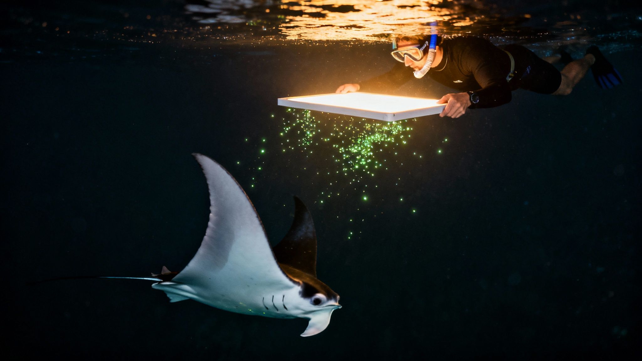 Snorkeler holding a light panel attracts a manta ray and glowing plankton underwater at night.