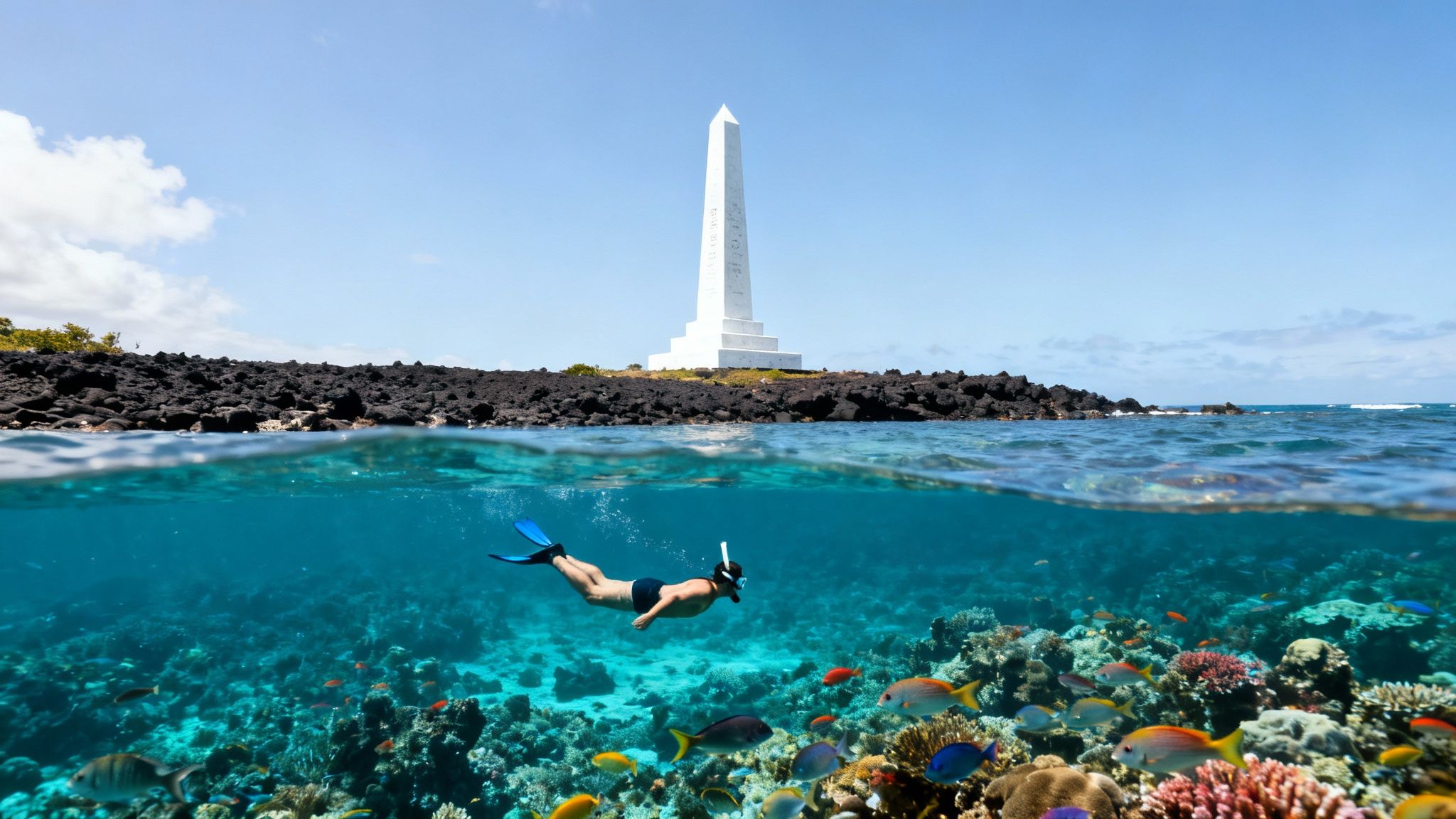 Split-level view of a snorkeler near Captain Cook Monument and vibrant coral reef.