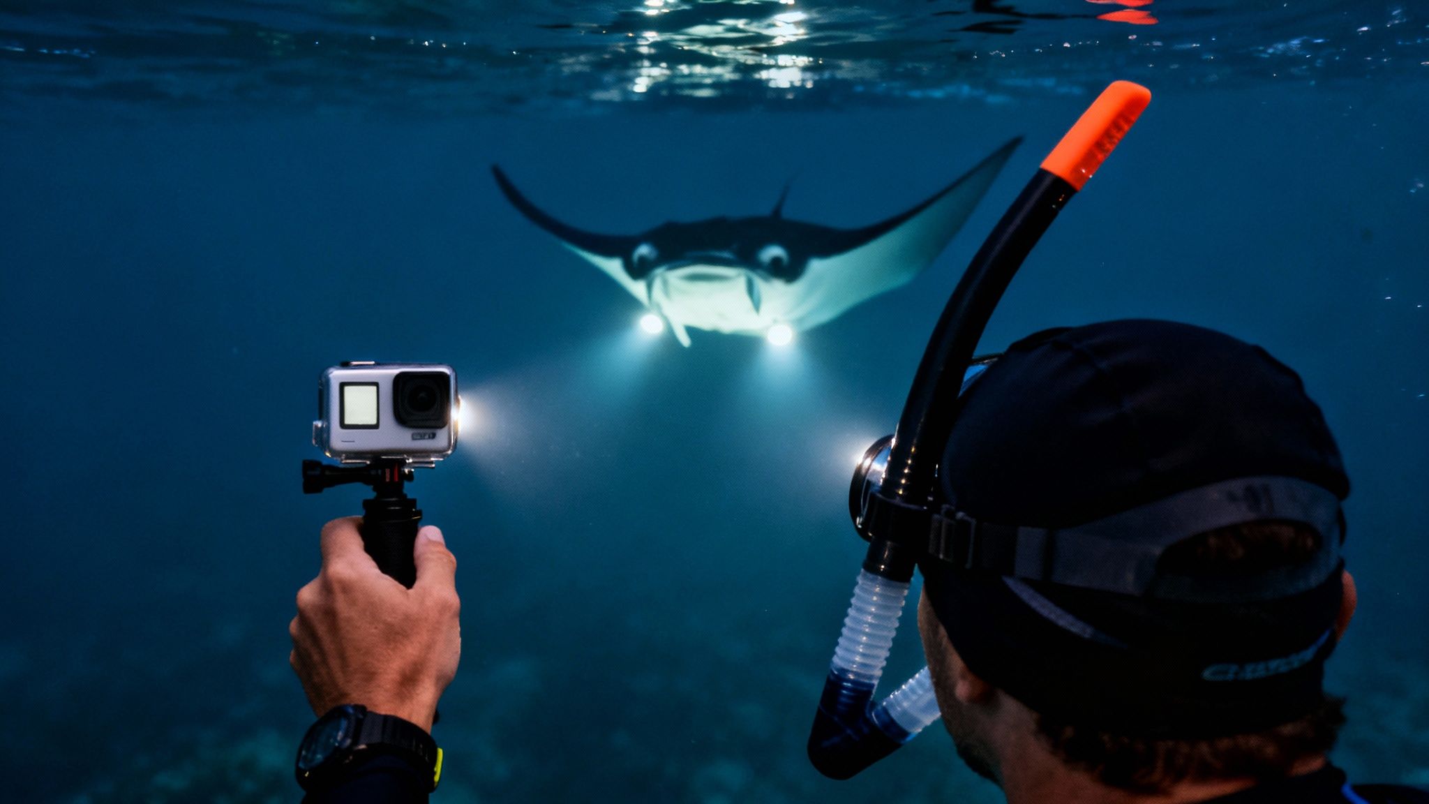 A snorkeler at night films a majestic manta ray with an illuminated underwater camera.