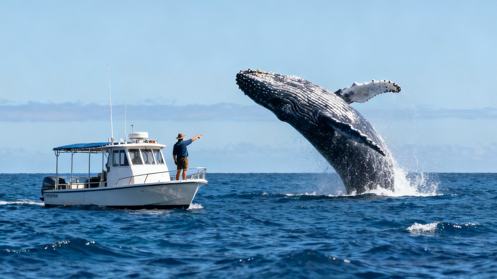 A humpback whale breaches majestically near a tour boat off the Big Island of Hawaii.