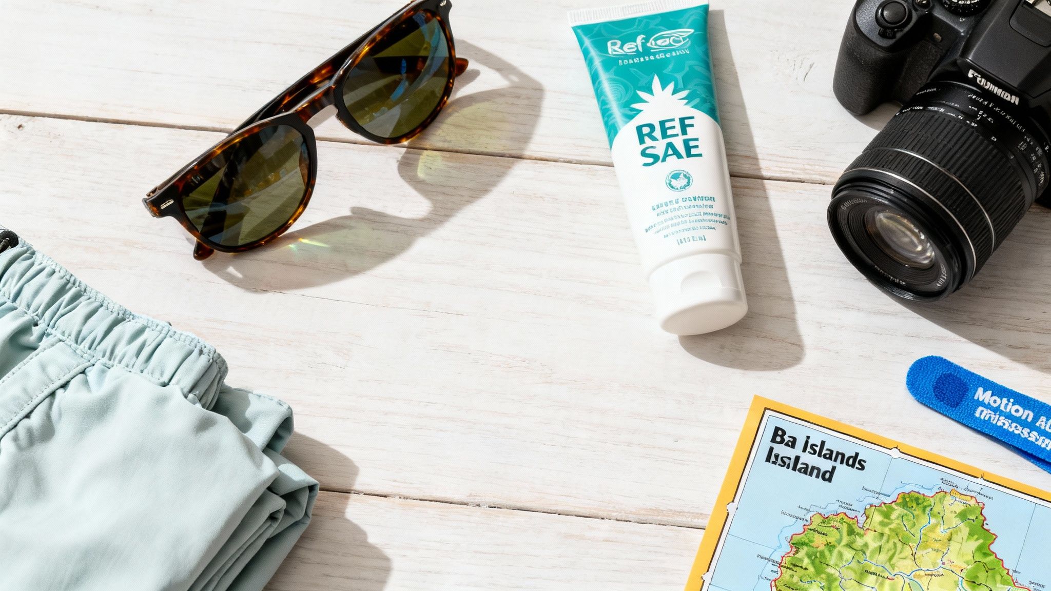 A flat lay of travel essentials including sunglasses, sunscreen, a camera, swim shorts, and a map.