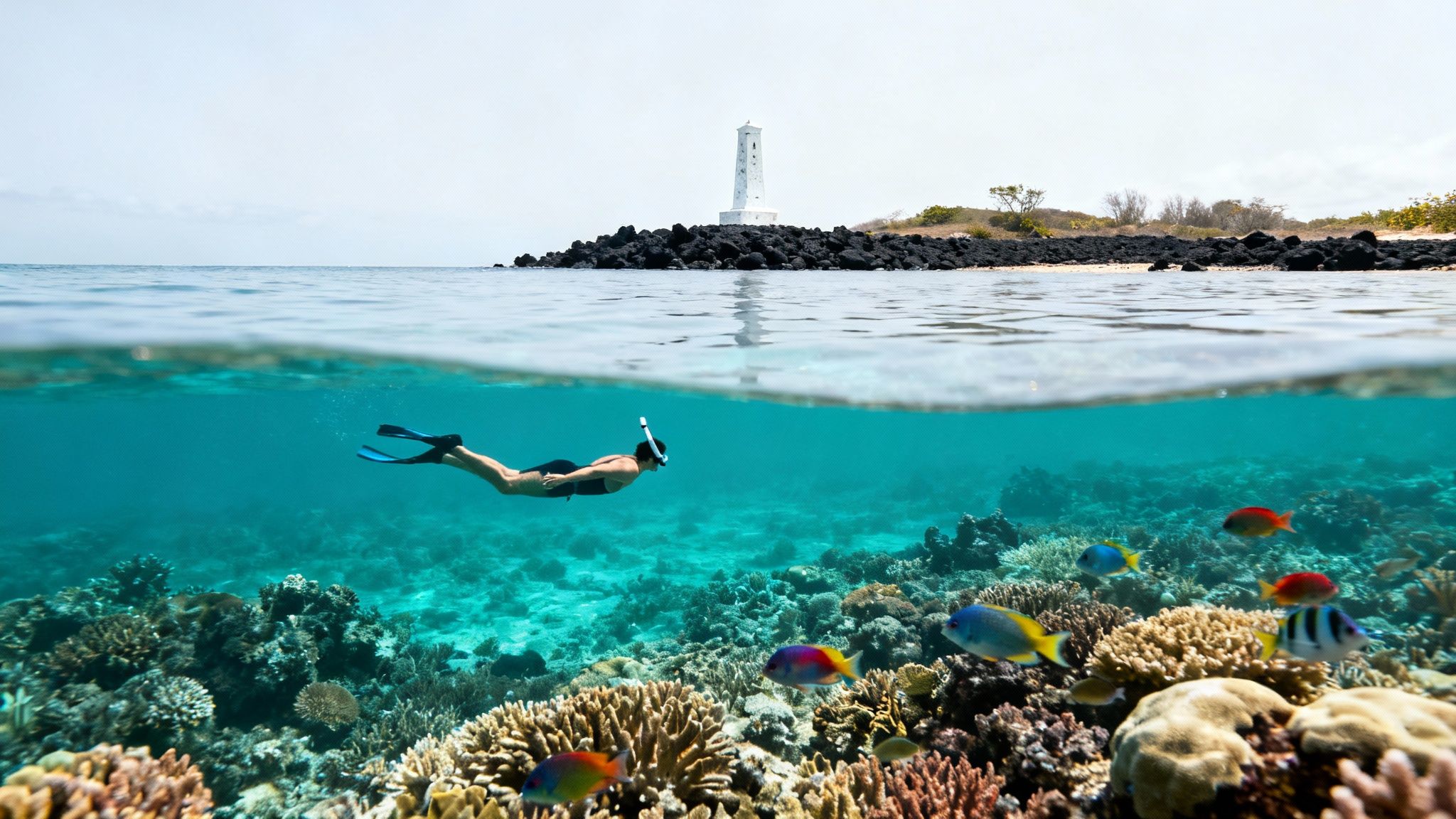 Over-under view of a snorkeler admiring a vibrant coral reef with fish, and a lighthouse on a rocky island.