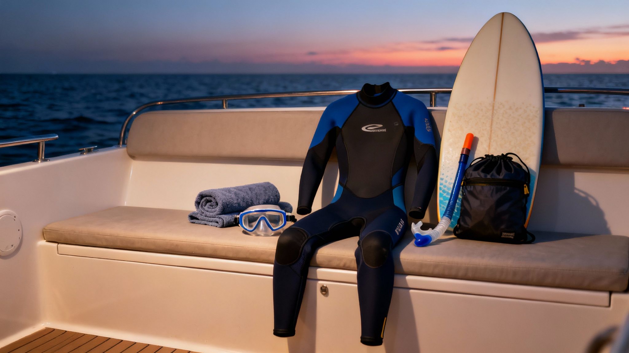 Wetsuit, snorkeling mask, snorkel, surfboard, and towel on a boat at sunset over the ocean.