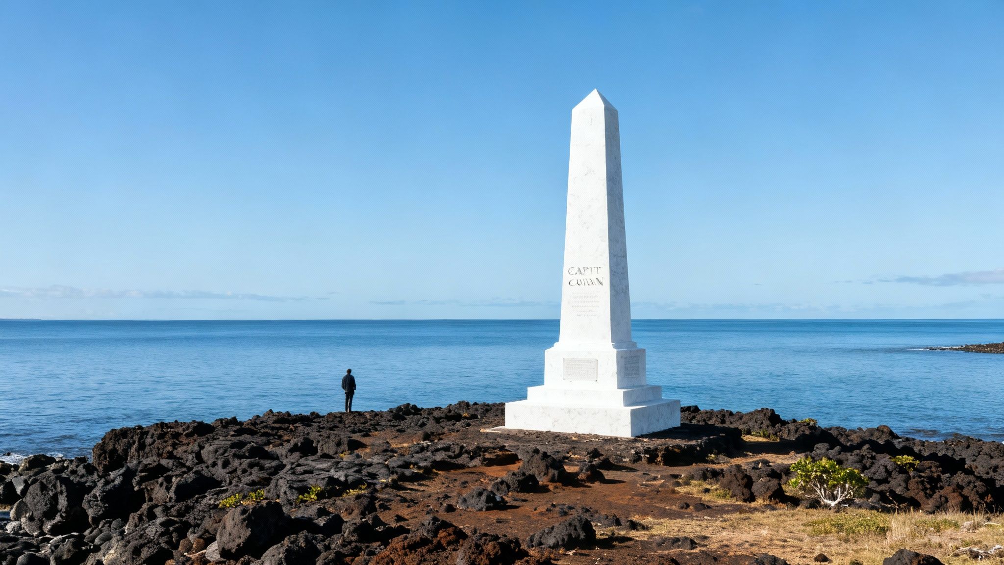 A tall white Captain Cook monument stands on a black lava rock shore overlooking the blue ocean, with a person gazing out.