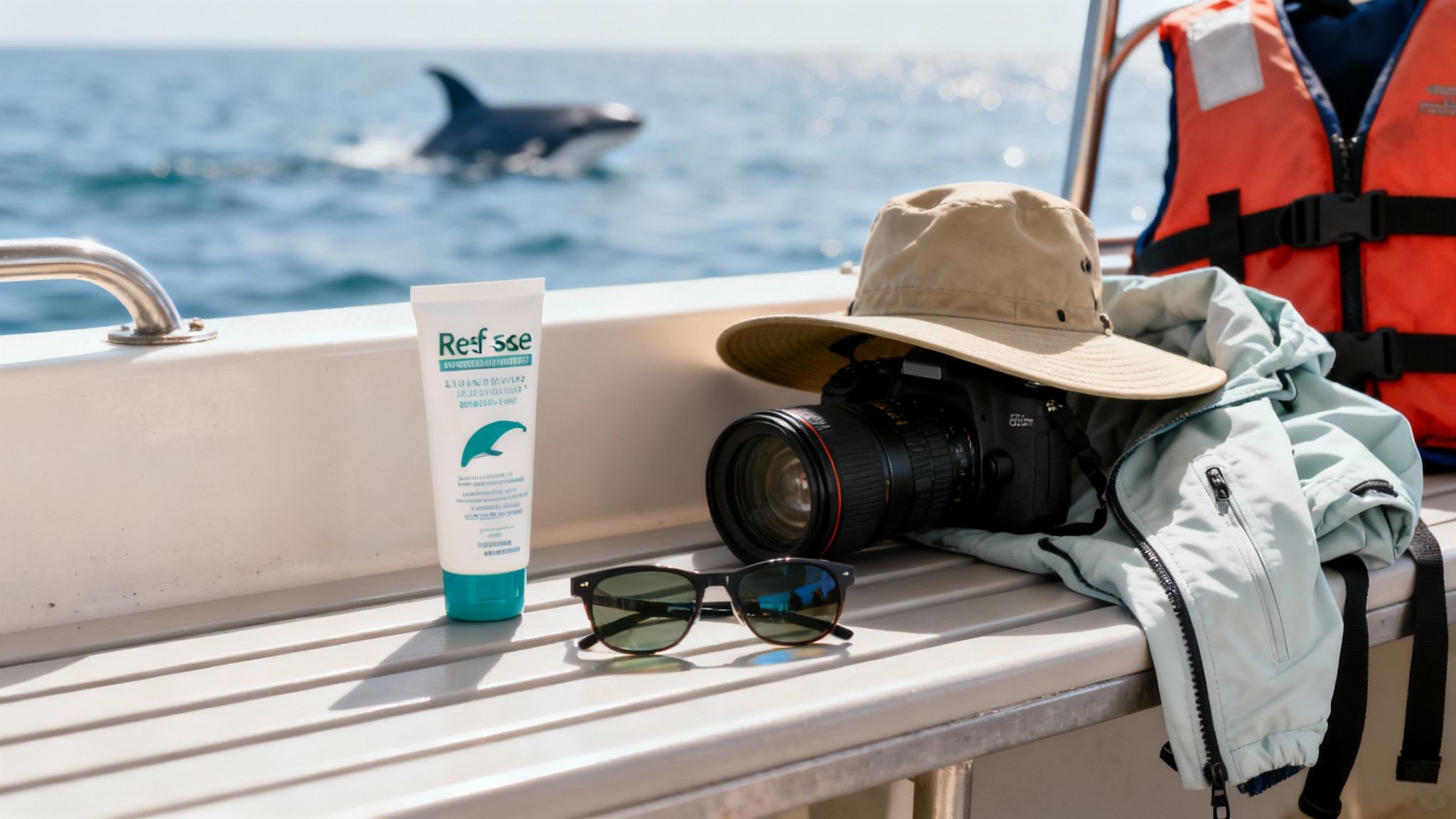 A group of people on a boat tour taking photos of a breaching humpback whale.