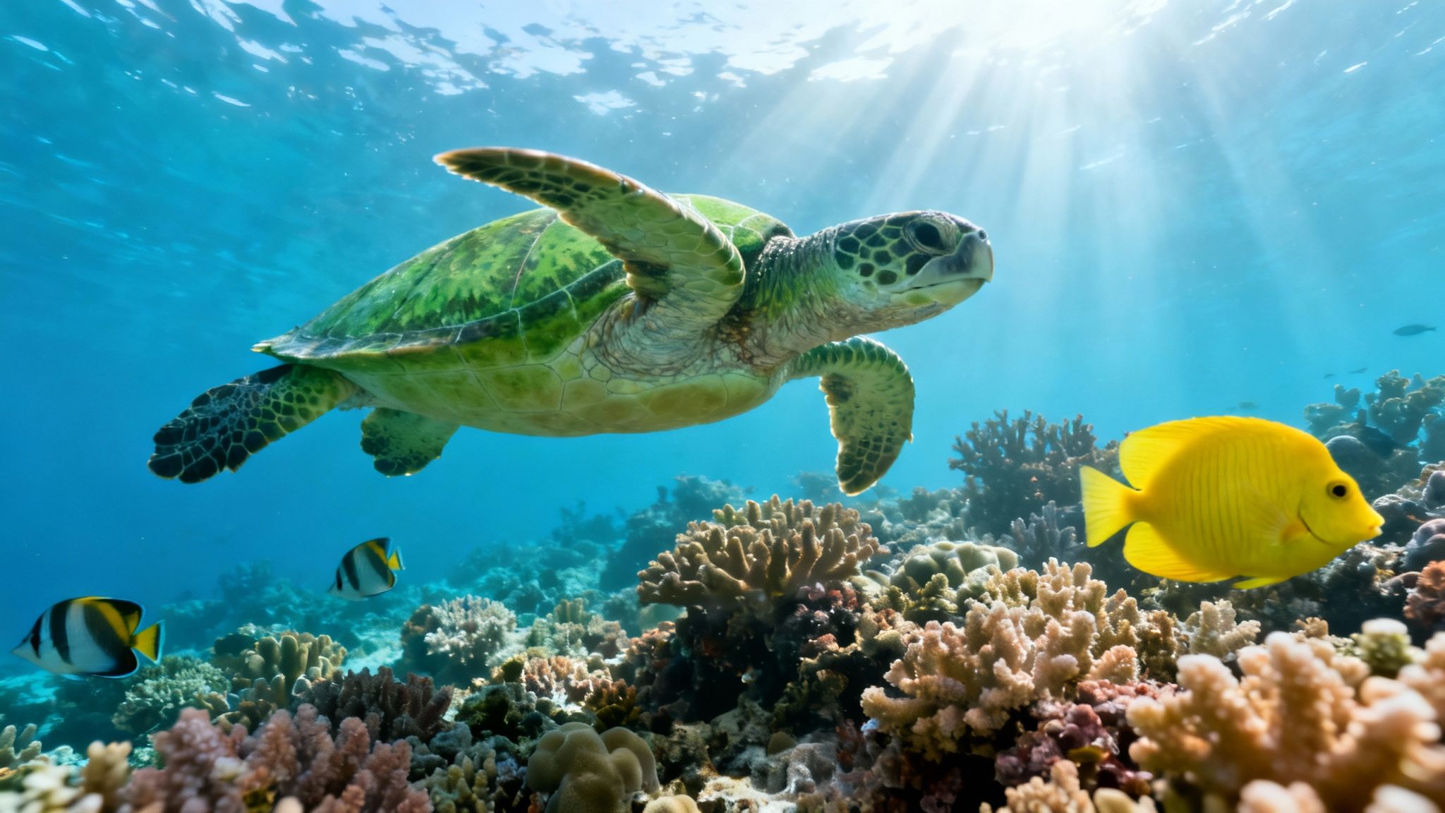 A majestic green sea turtle swims over a vibrant coral reef, surrounded by colorful fish and sun rays.