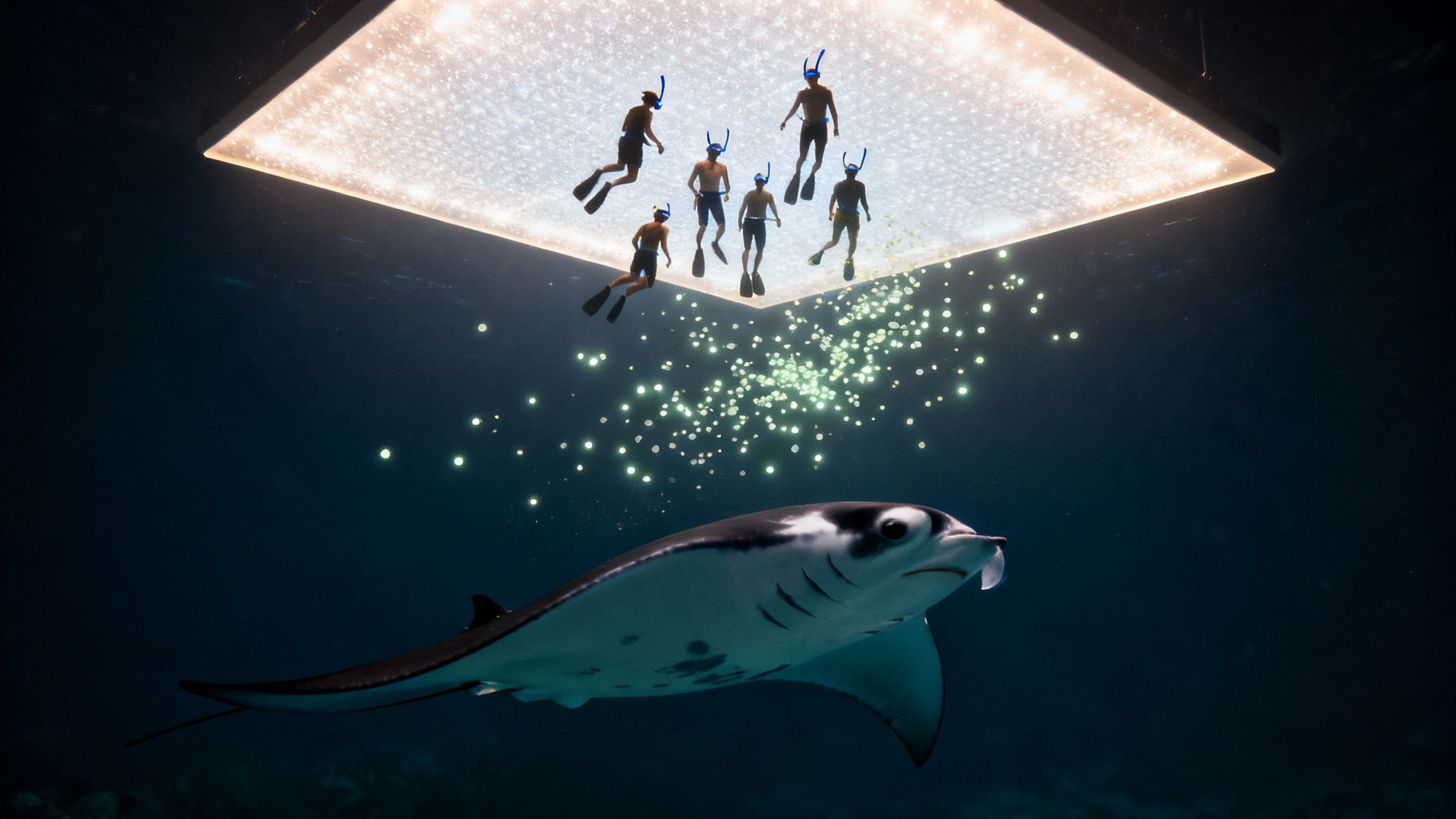 Manta ray swims below multiple snorkelers illuminated by an artificial light source underwater.
