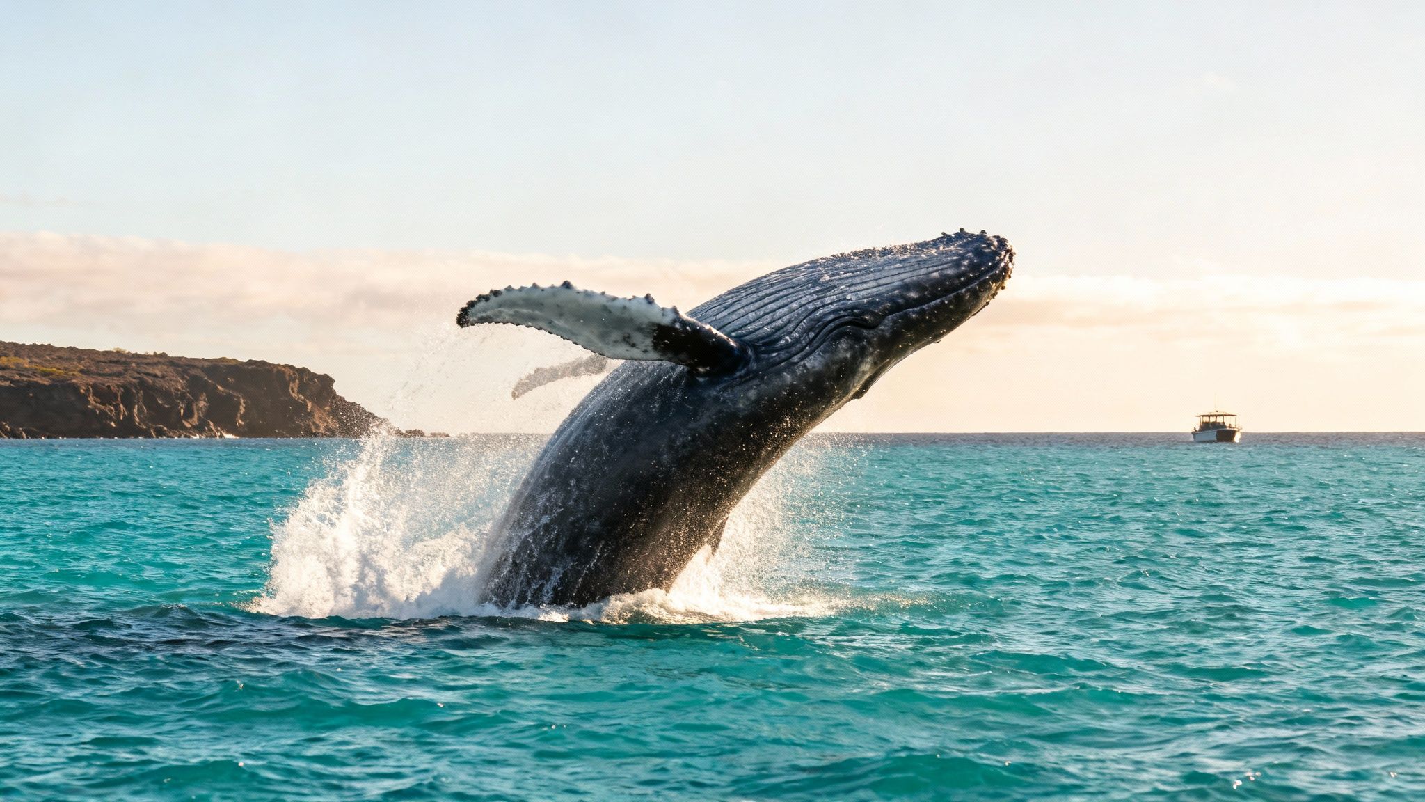 A majestic humpback whale breaches spectacularly from turquoise ocean waters under a soft sunset sky.
