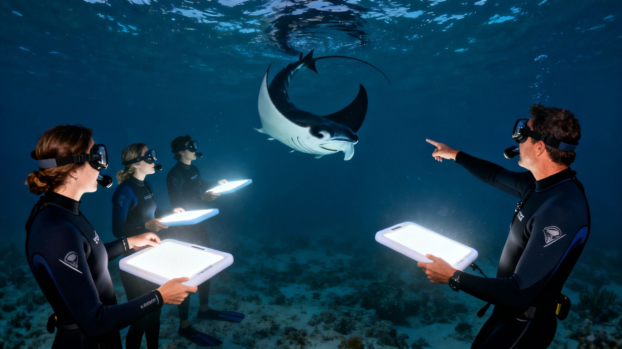 Divers in wetsuits and masks with glowing boards observing a majestic manta ray underwater at night.