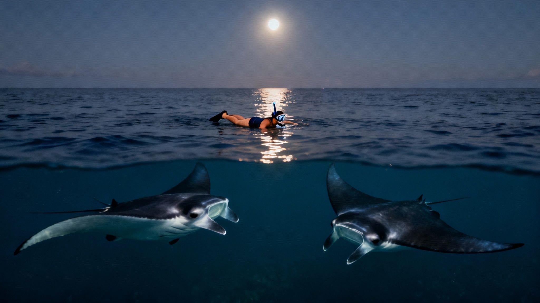 A manta ray glides gracefully through the dark ocean water, illuminated by a diver's light.