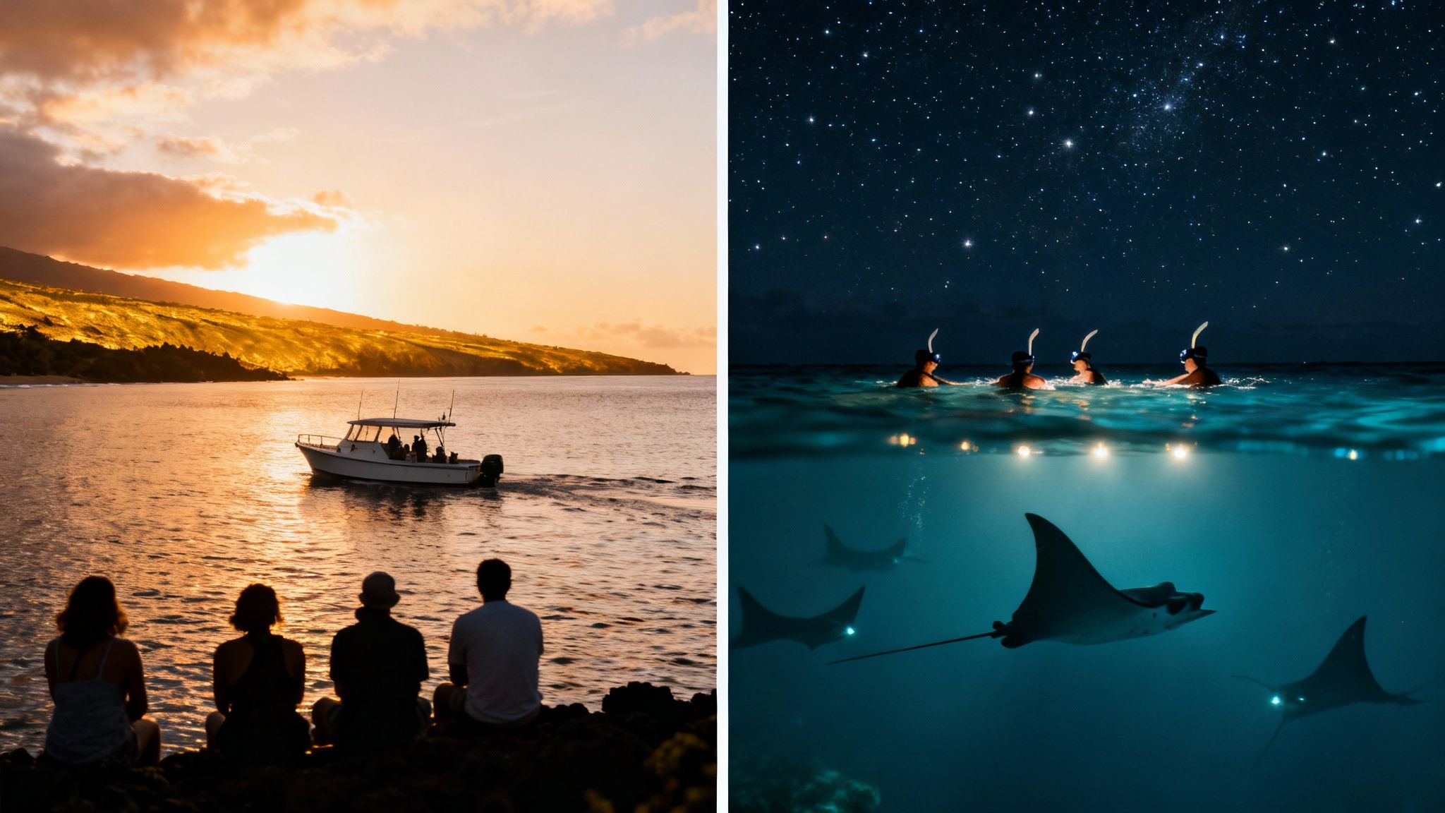 A diptych featuring a serene sunset over the ocean with a boat, and night snorkeling with manta rays.
