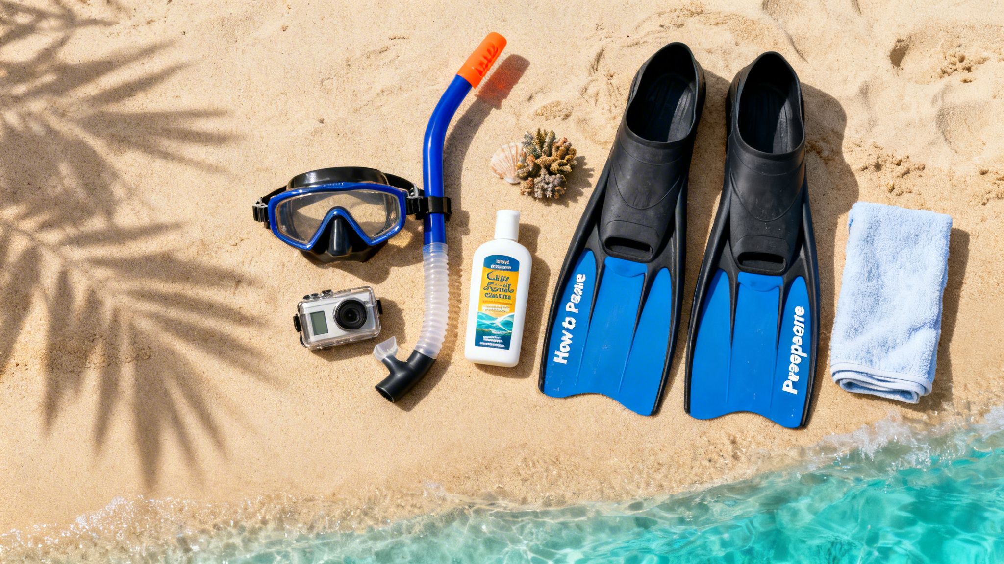 Snorkeling gear, action camera, sunscreen, and beach items on sand by the clear ocean.