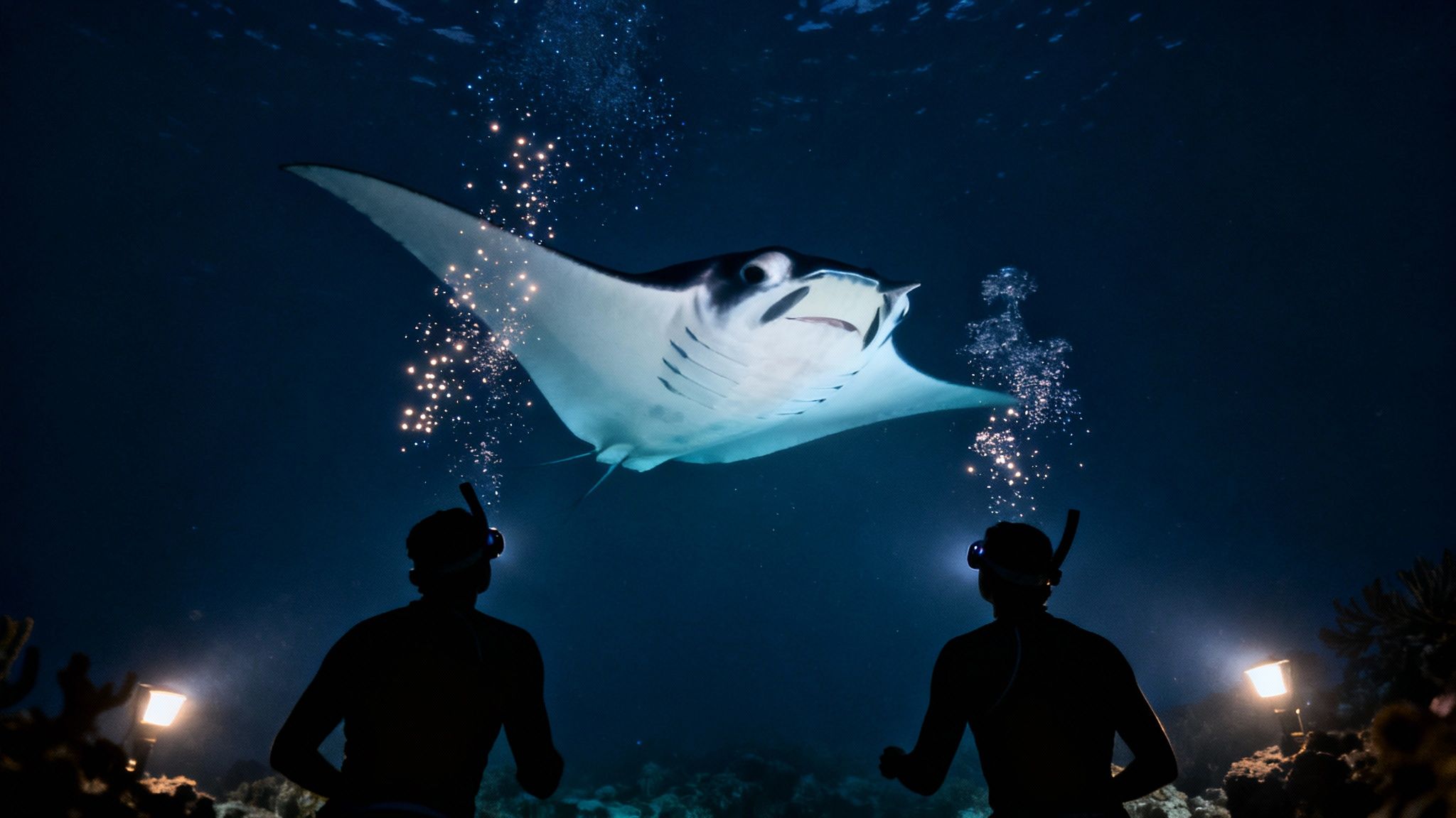 Two snorkelers observe a majestic manta ray swimming gracefully at night, illuminated by underwater lights.