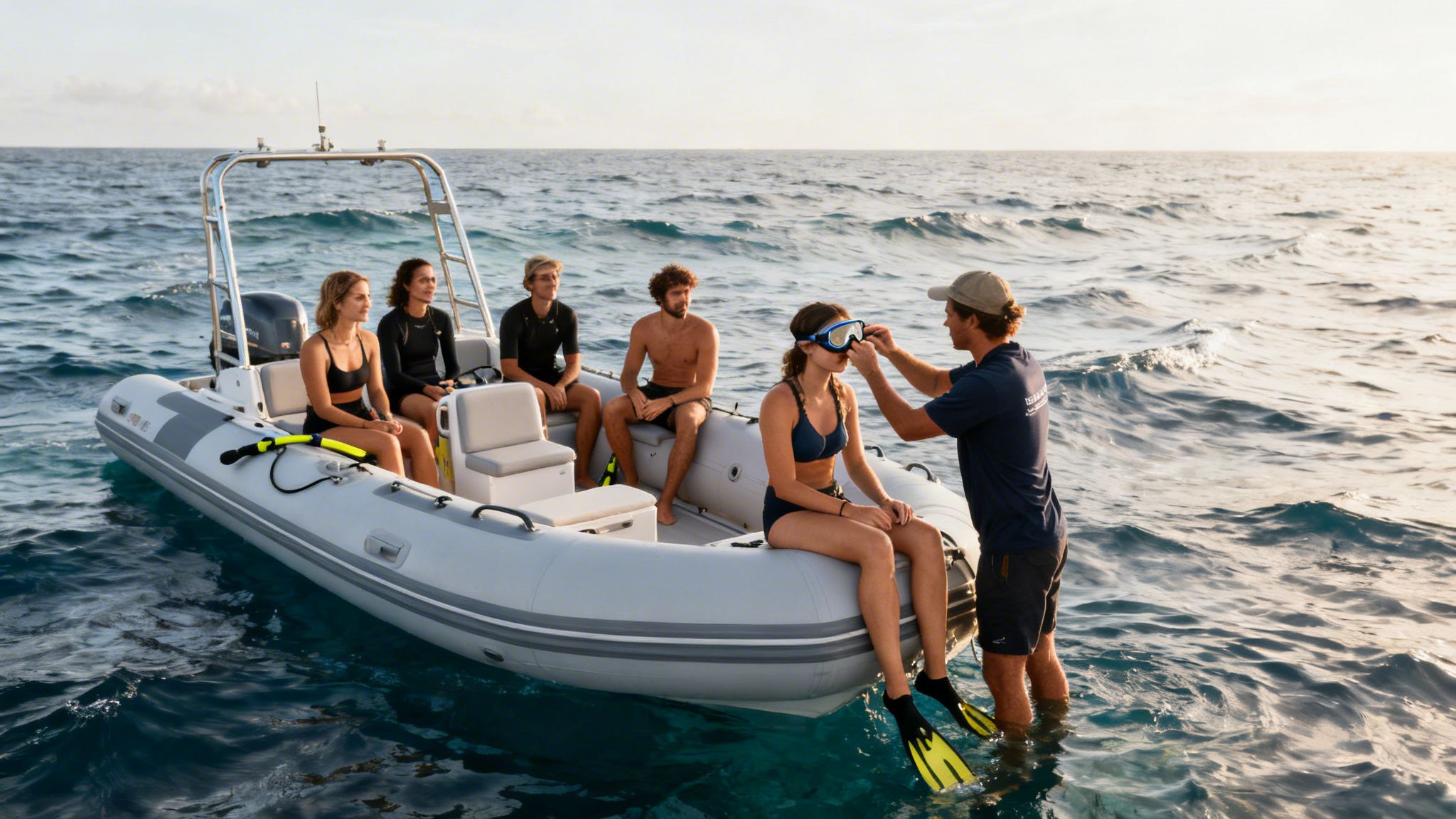 An instructor helps a woman with snorkel gear on a boat, ready for ocean exploration.