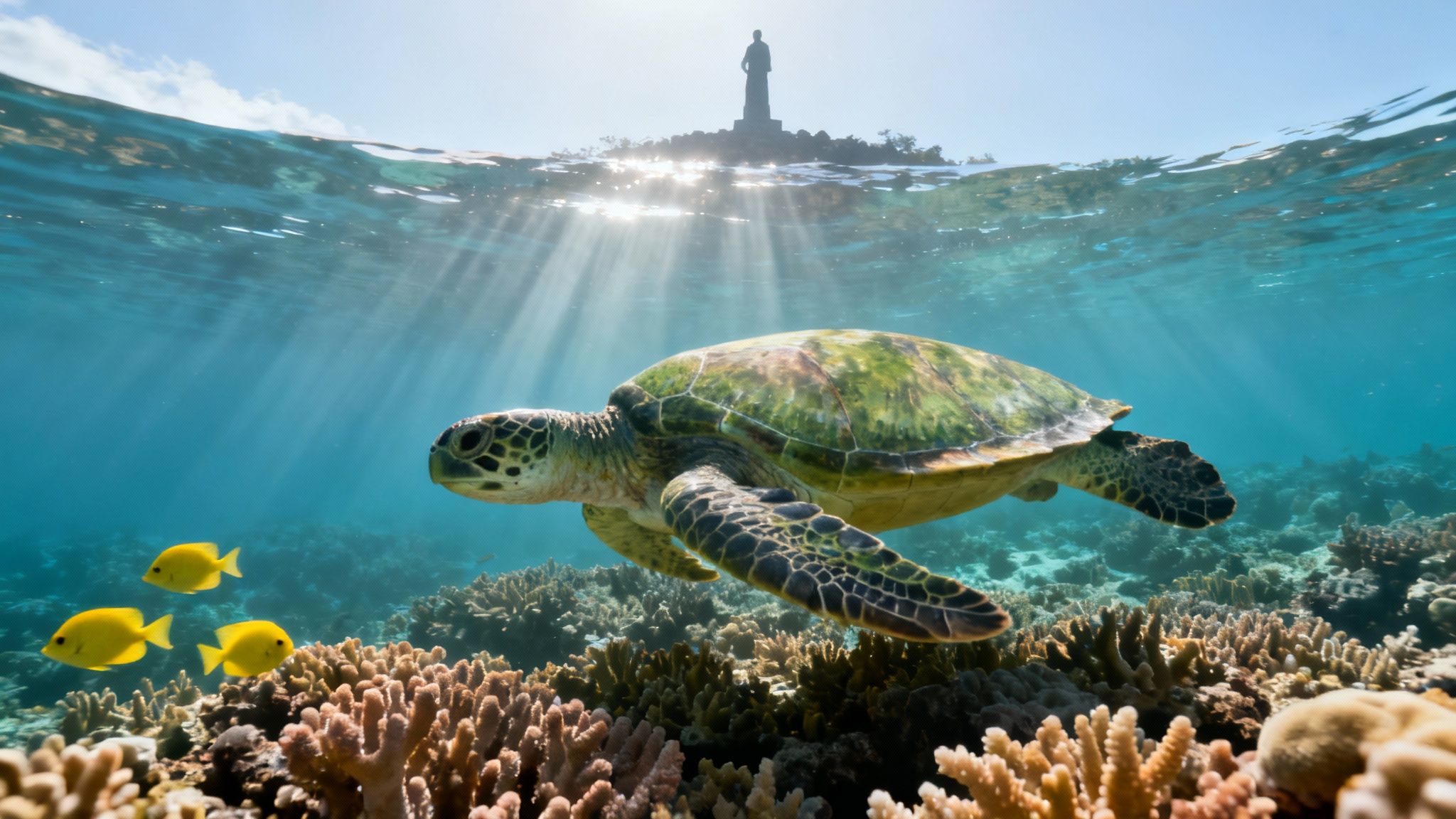 A vibrant underwater scene with a sea turtle swimming over coral, sun rays, and a distant island.
