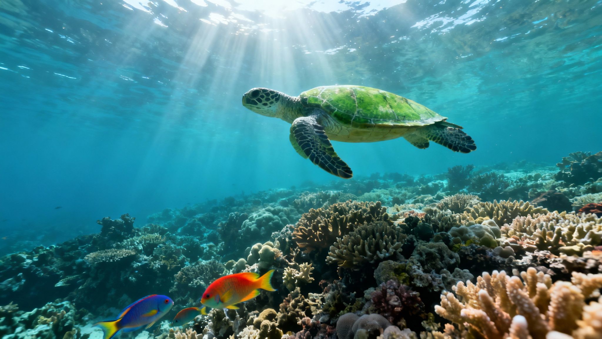 A majestic green sea turtle swims gracefully above a vibrant coral reef, bathed in sunlit blue water.