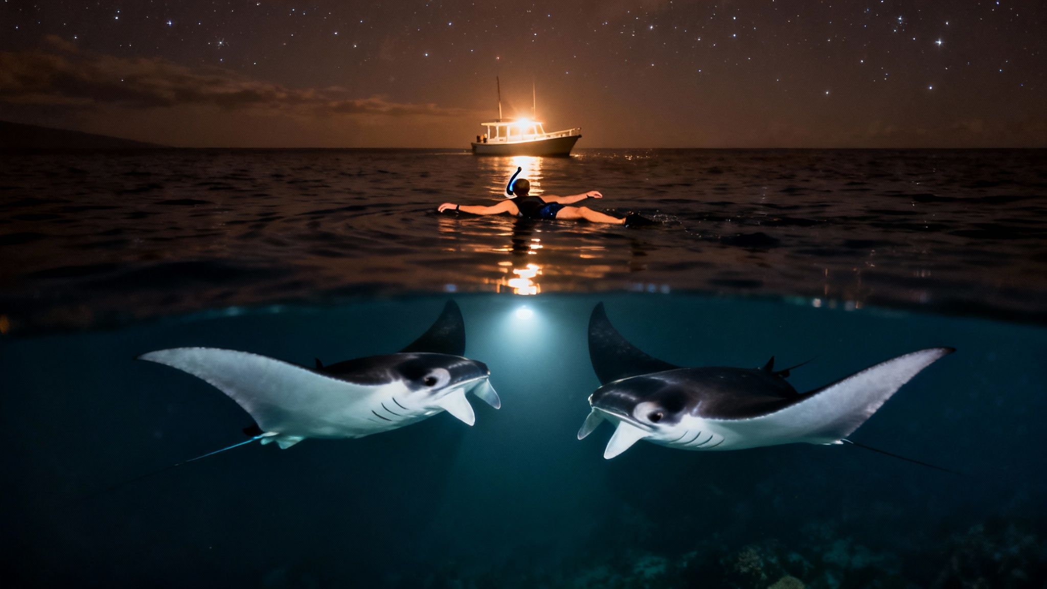 A person snorkeling at night above two manta rays, with a boat and starry sky.