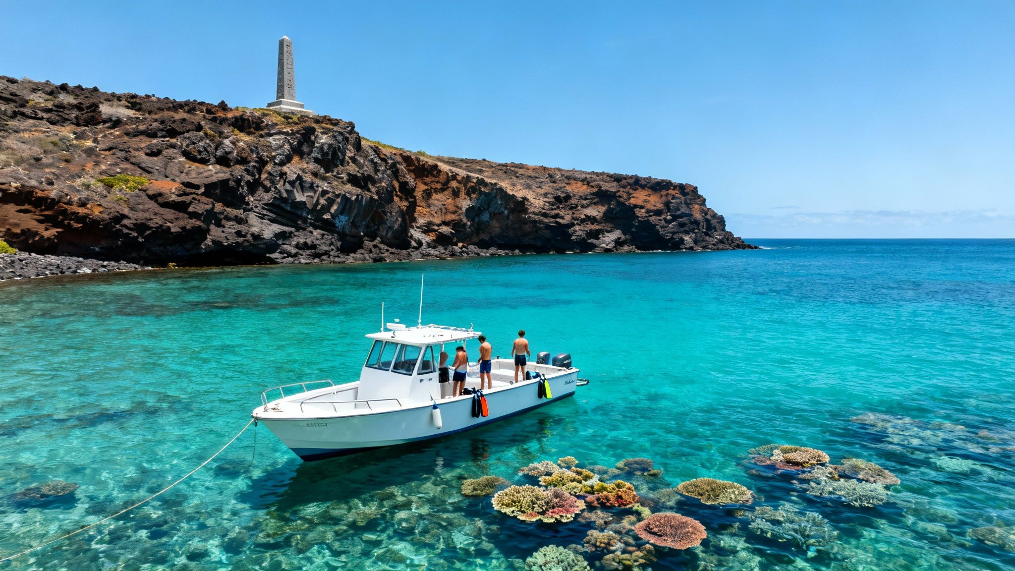 A snorkel boat with three men in clear turquoise water near a rocky coast with a monument.