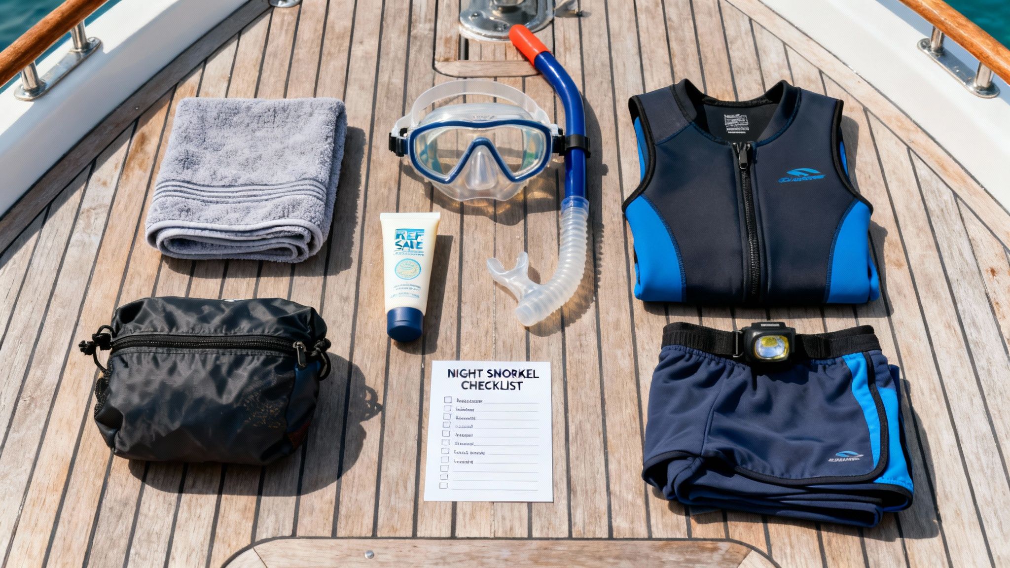 Snorkeling gear laid out on a wooden boat deck, including mask, snorkel, and wetsuit, for a night snorkel.