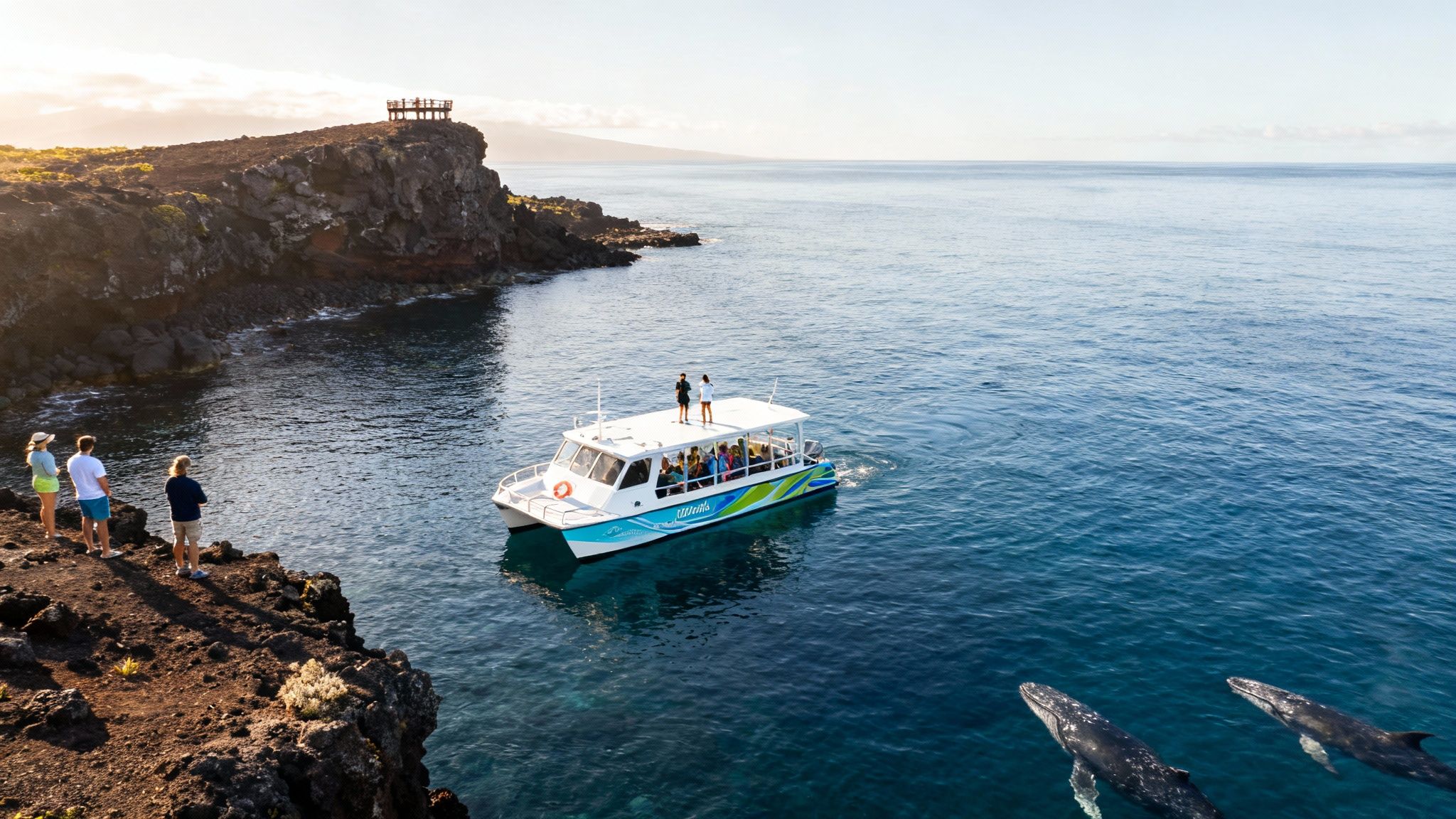 Tour boat and people on a cliff enjoying a whale watching experience in the ocean.