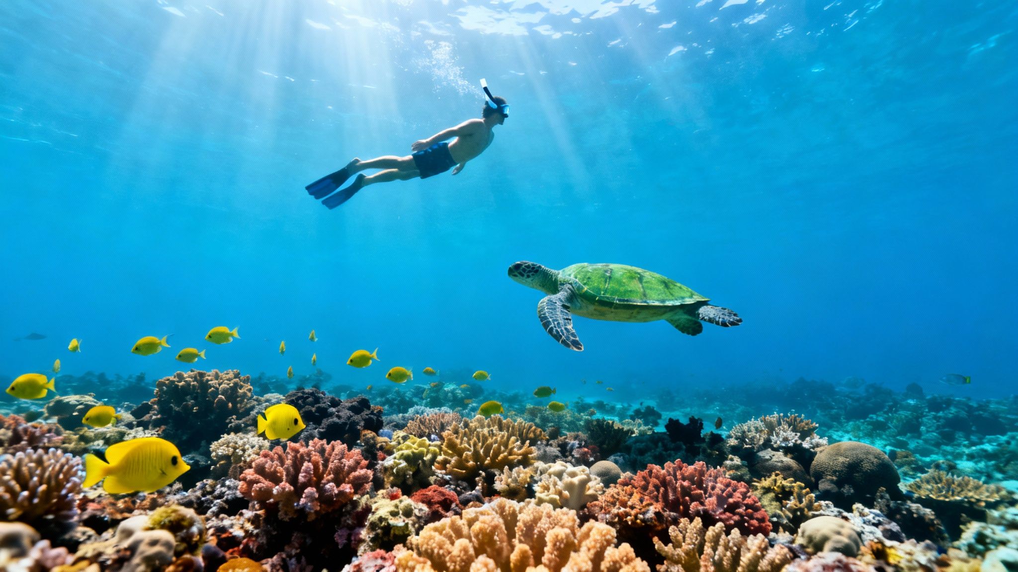 A large school of yellow tang fish swims over a vibrant coral reef in Kealakekua Bay
