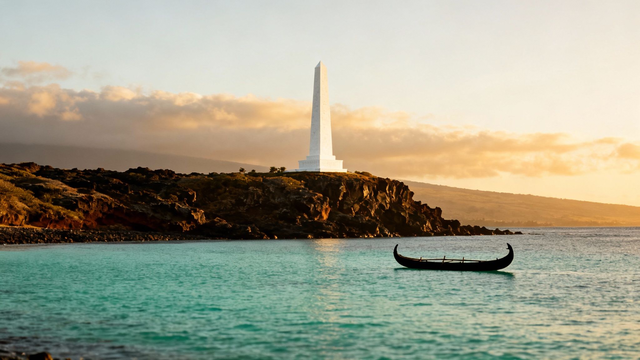 A white obelisk monument stands on a rocky coastline overlooking turquoise ocean water with a traditional boat.