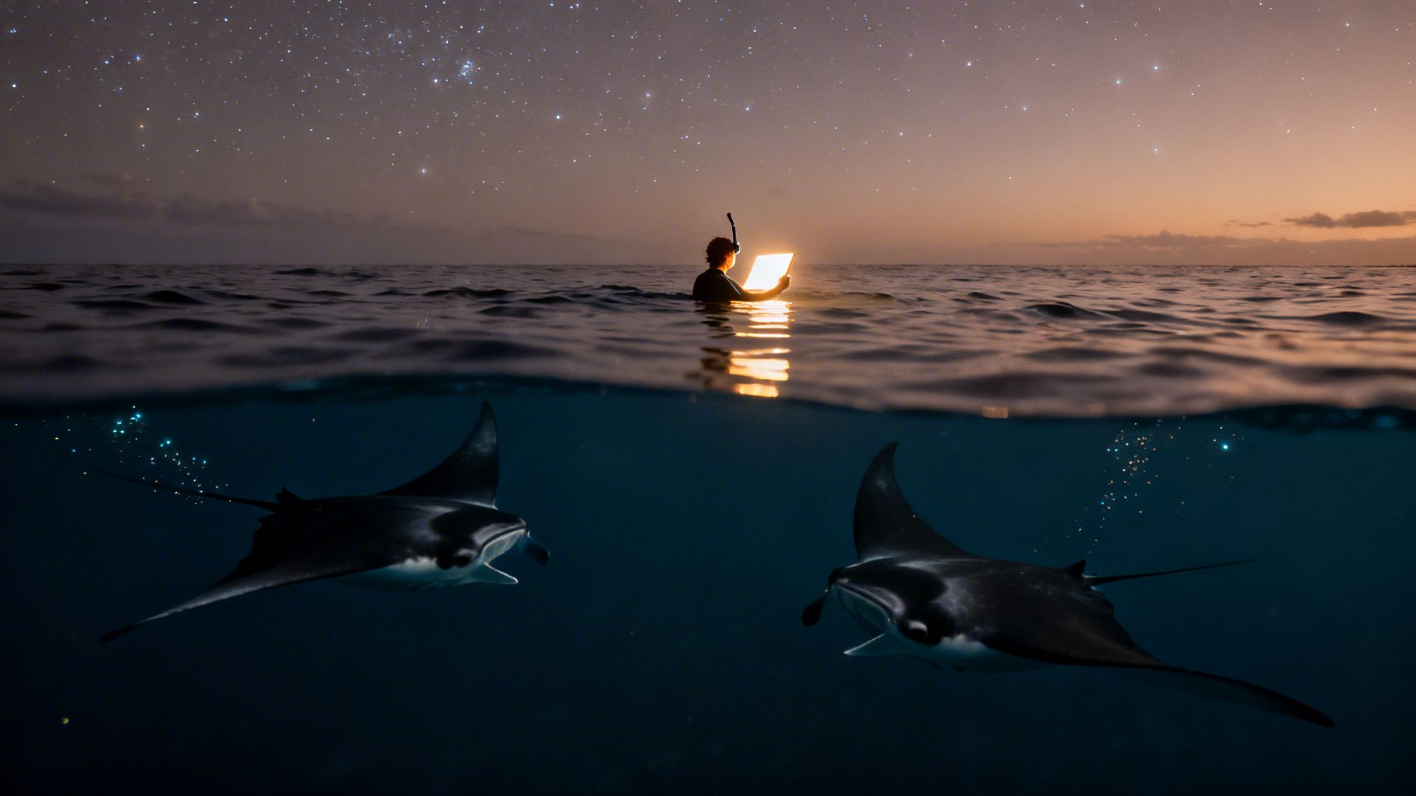 A person with a glowing light illuminates two manta rays swimming under a starry night sky.