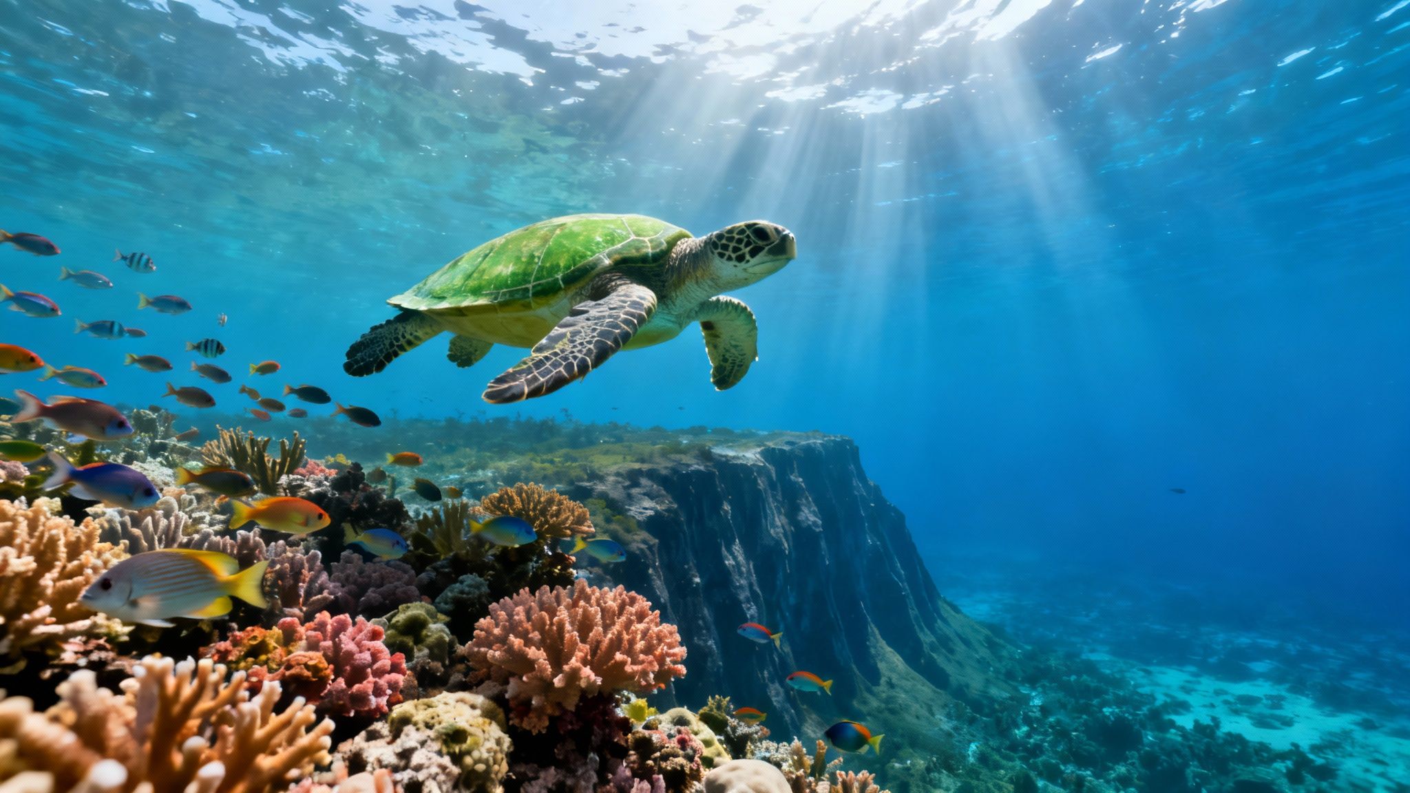 Vibrant underwater scene with a green sea turtle swimming over a colorful coral reef and tropical fish.