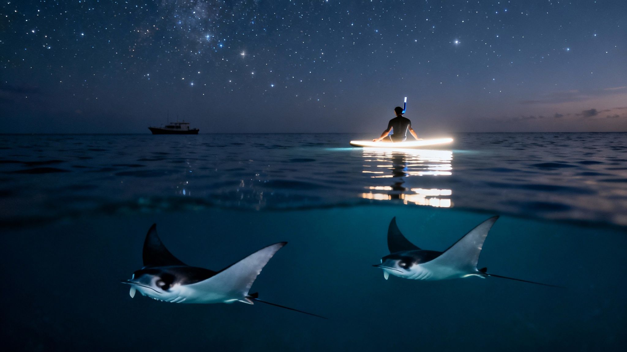 Split-level view of a person snorkeling with manta rays under a dazzling starry sky.