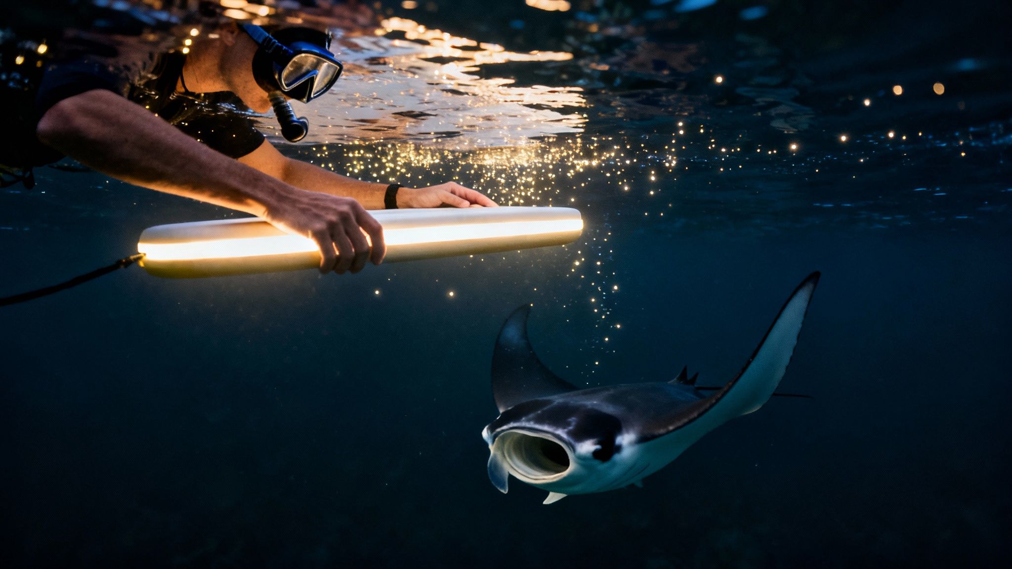 A snorkeler shines a bright underwater light, attracting a large manta ray in the dark ocean.